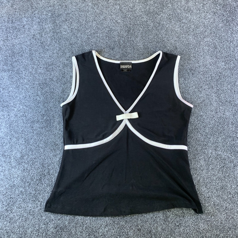 Baranda Tank Top Womens Medium Black White Trim Bow V-Neck Stretch Sportswear